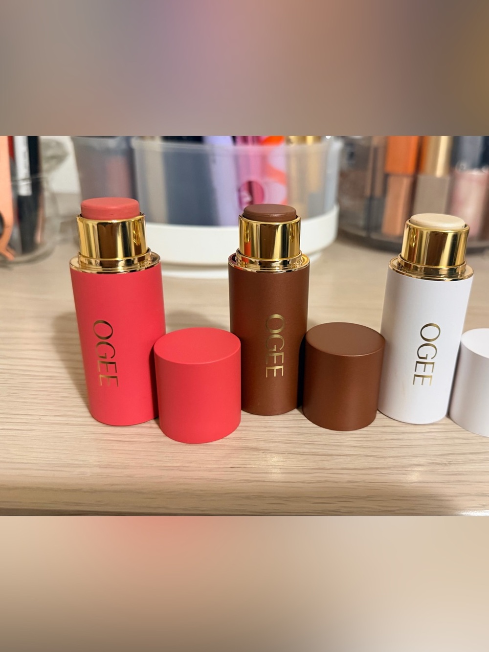 Ogee Hydraganics Sculpted Face Stick Set of 3 Brown & Pink NWT